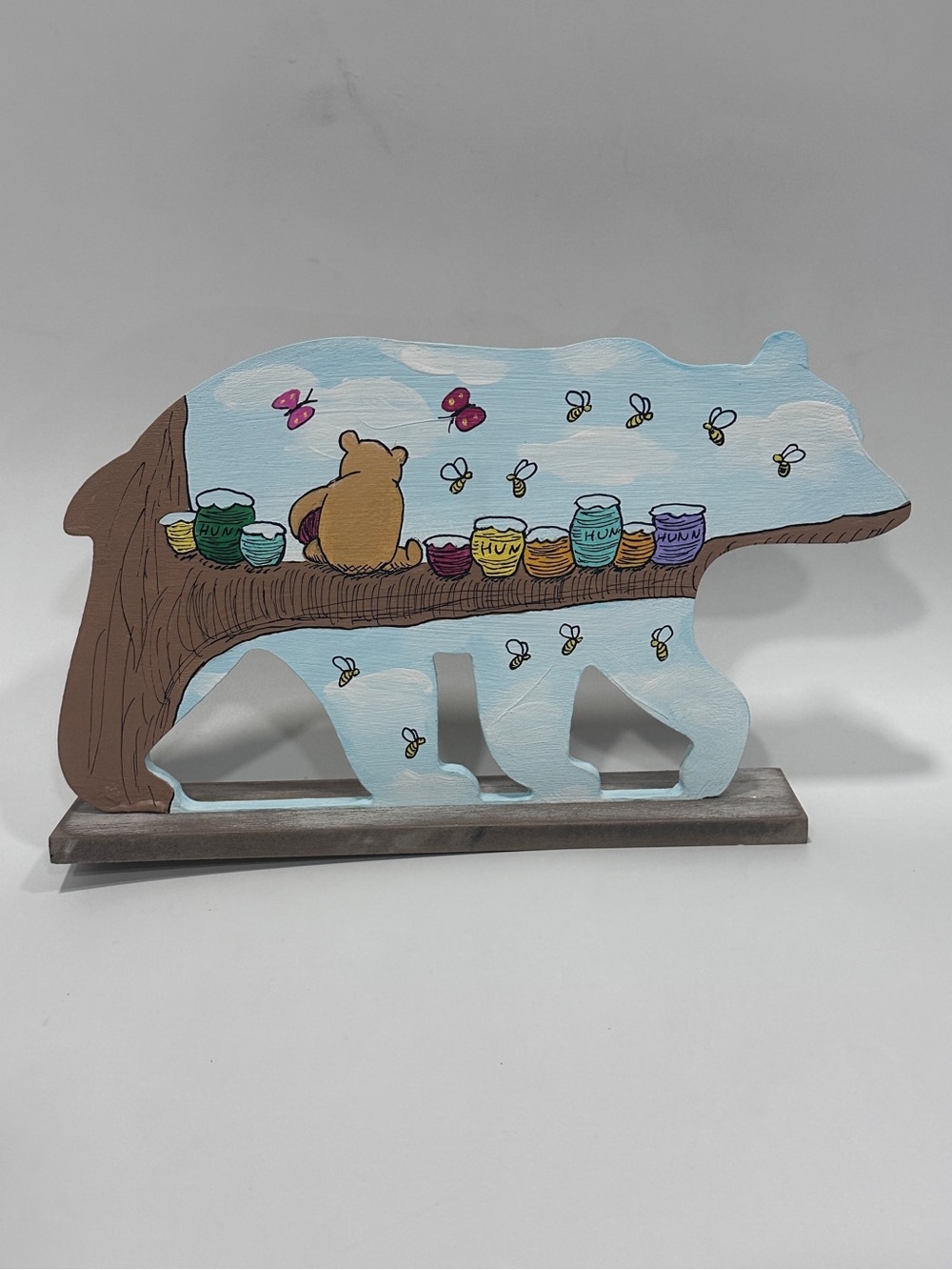 Winnie the Pooh Acrylic Painting on a Carved Bear Wood, Desk Decoration